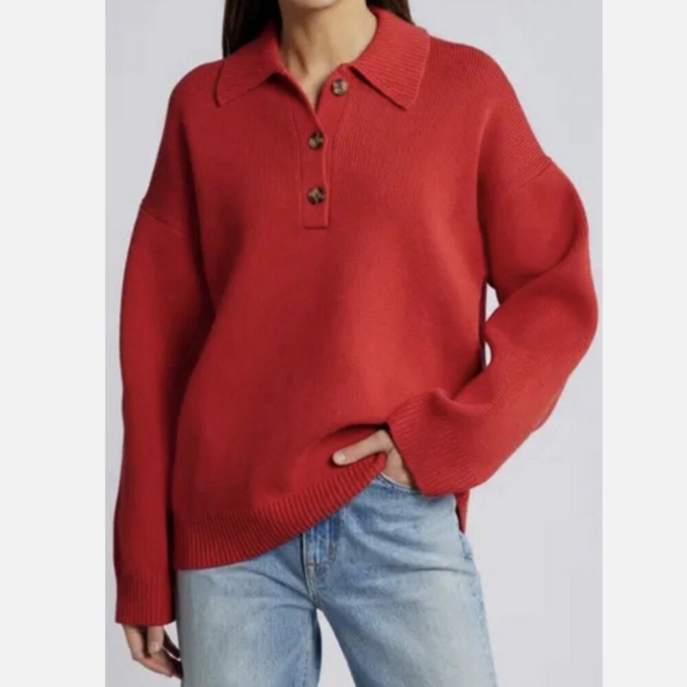 Reformation Red Brooklyn Polo Sweater Organic Cotton Sweater Anthropologie NWT - Picture 4 of 9